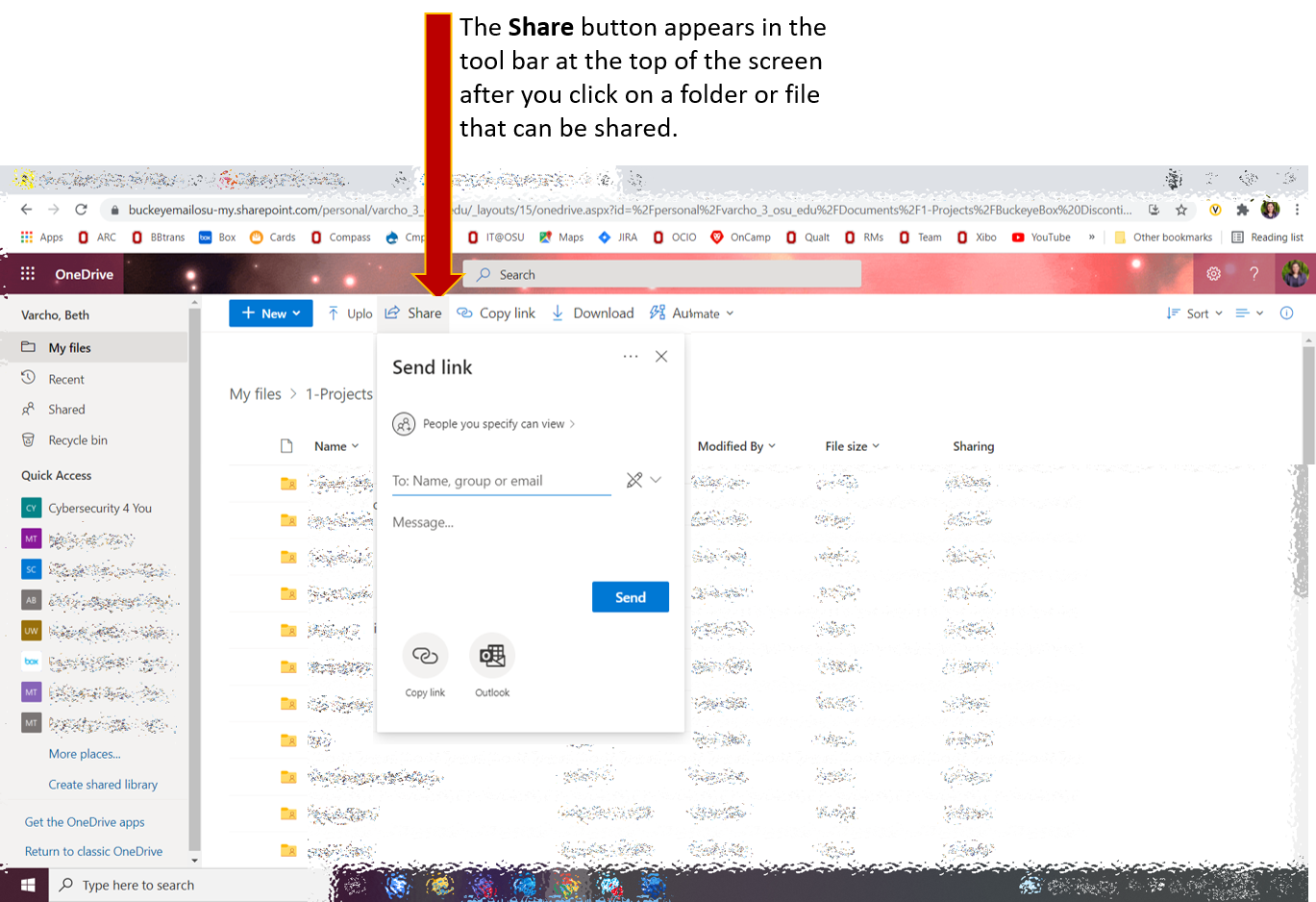 Screenshot of how to share with OneDrive