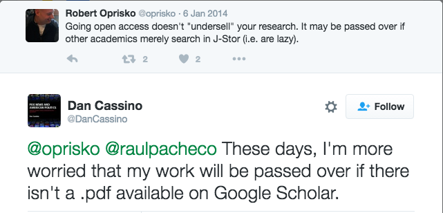 Dan Cassino tweets: These days, I'm more worried that my work will be passed over if there isn't a .pdf available on Google Scholar.