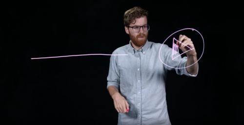 Man drawing a pink arrow on the clear board 