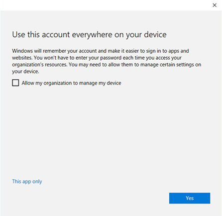 PC Outlook 2016 confirmation to use this account everywhere on your device screen