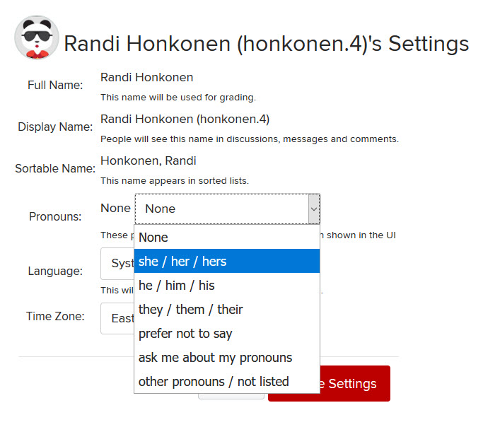 A drop-down menu with several pronoun options appears in CarmenCanvas settings