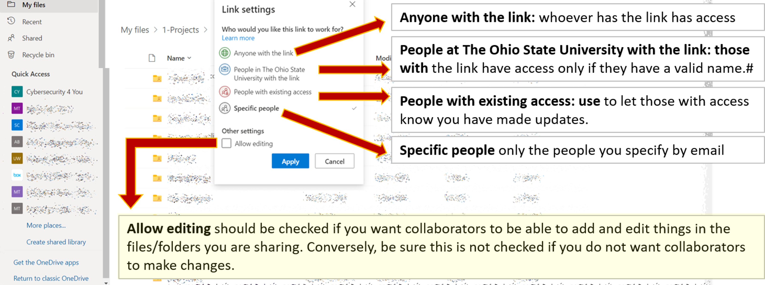 Screenshot of how to allow editors to collaborate in OneDrive