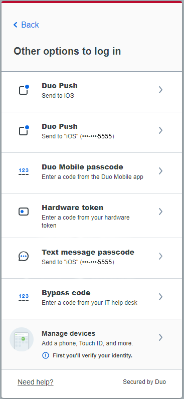 Duo Universal authentication options and devices for your account screen