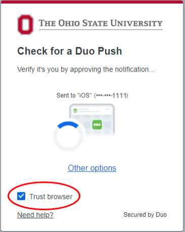 Duo Universal authentication screen with trust browser checkbox selected