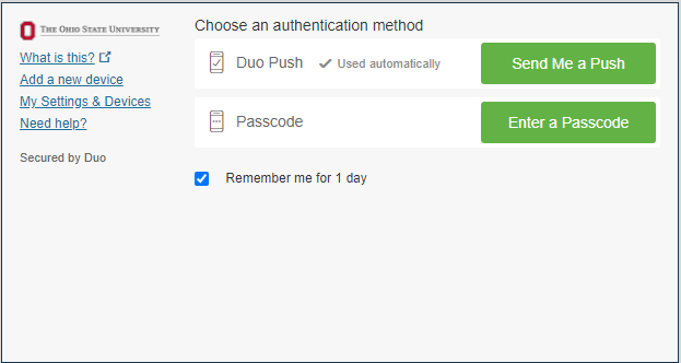 Current Duo authentication screen