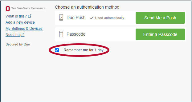 Current Duo authentication screen with remember me checkbox circled