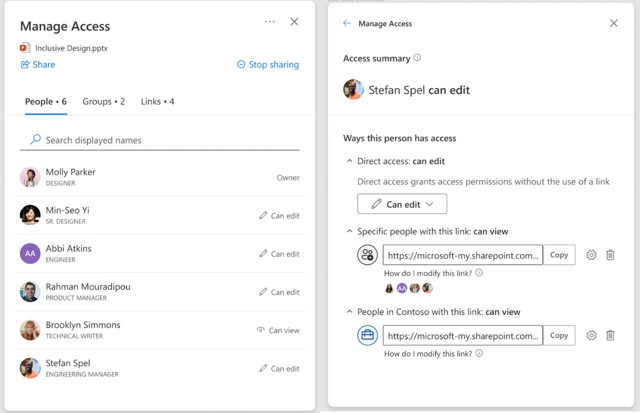 Screenshot of MS OneDrive Manage Access Dialogue Box