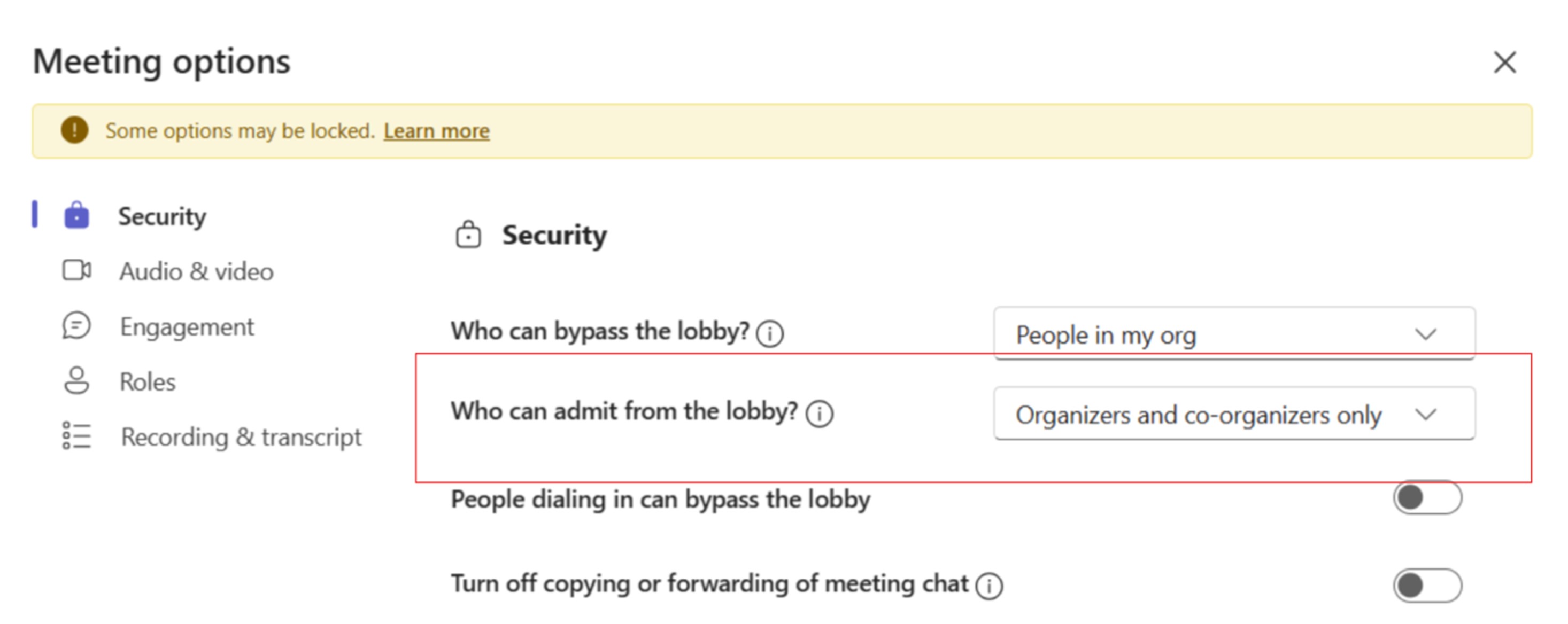Screenshot of the Meeting Options menu in Microsoft Teams