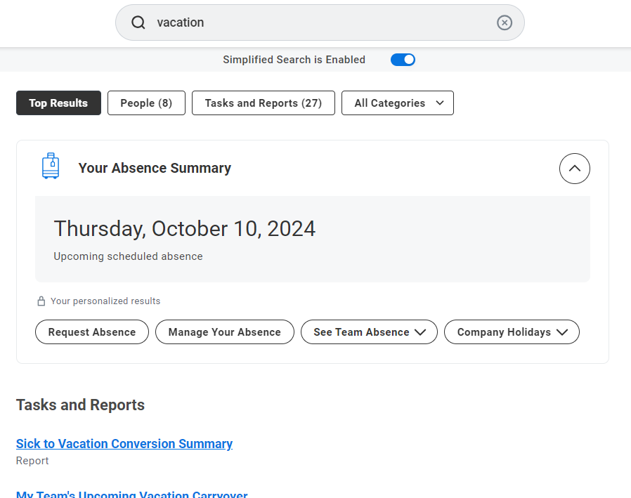 Screenshot showing Workday Assistant search functionality