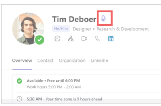 Screen shot shows microphone icon next to user name to record pronunciation 