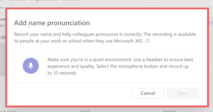 Screenshot of instructions:Select the icon again to stop the recording. You can choose to save, preview, or retake the recording. Once you save, your profile card is updated immediately.