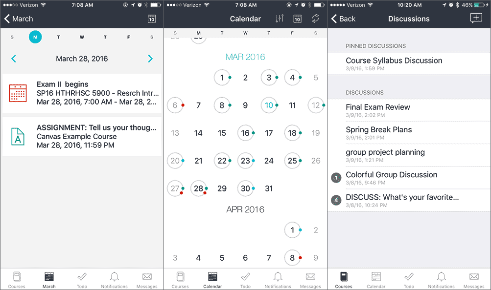 Canvas Mobile App - calendar day, calendar month, and discussion views