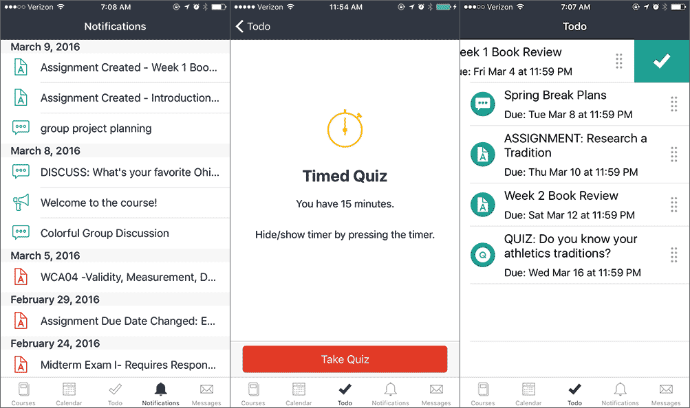 Canvas Mobile App - notifications, quizzes and to-dos