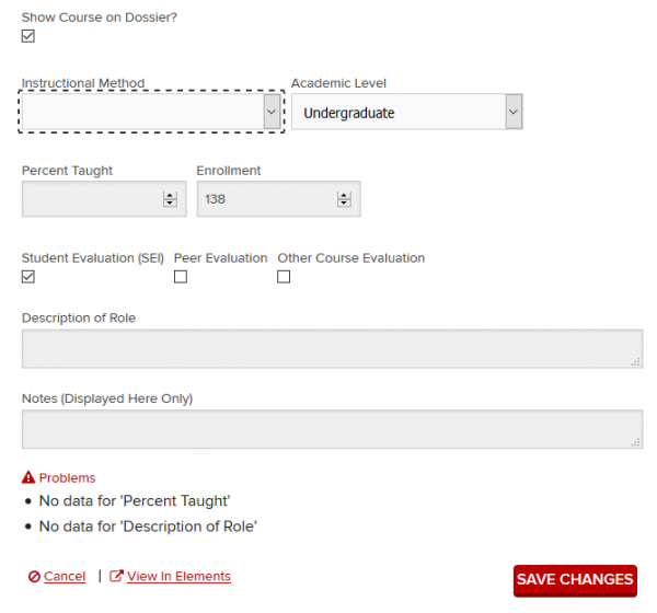 Vita Course Form Screenshot. Image Courtesy of the Office of Distance Education and eLearning.