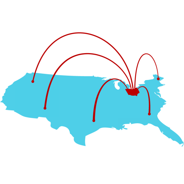 blue map of the United States with red Ohio sending arcs out to various parts of the country