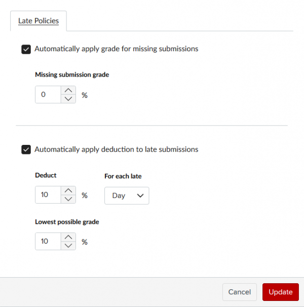 Late Policies tab in Canvas Gradebook includes details for late and missing assignment policies