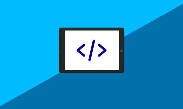 Illustration of an iPad with symbols meant to signify code