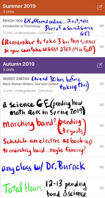 A screenshot of the discover app course planner screen. Sample classes have been written in to show the flexibility of the tool such as 'a science GE'