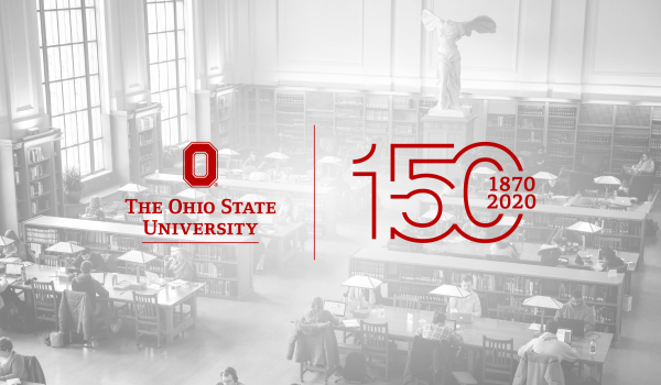 Thompson Library in the background with Ohio State Sesquicentennial logo