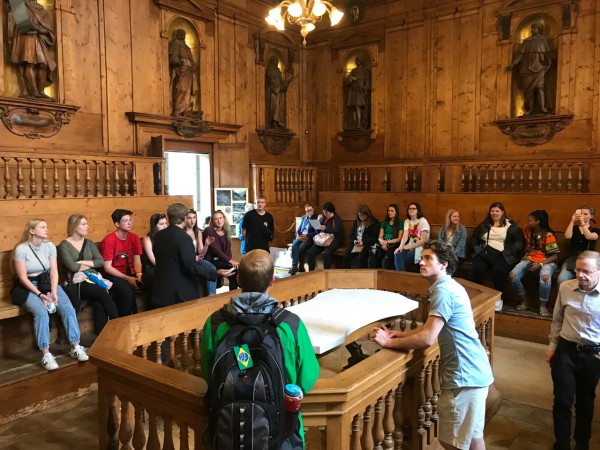 Ohio State students gathered in a Bologna building.