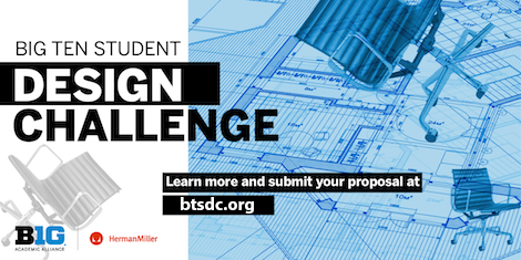 Overlay text reads, "Big Ten Student Design Challenge," with Big Ten and Herman Miller logos. Design plan graphics in the background.