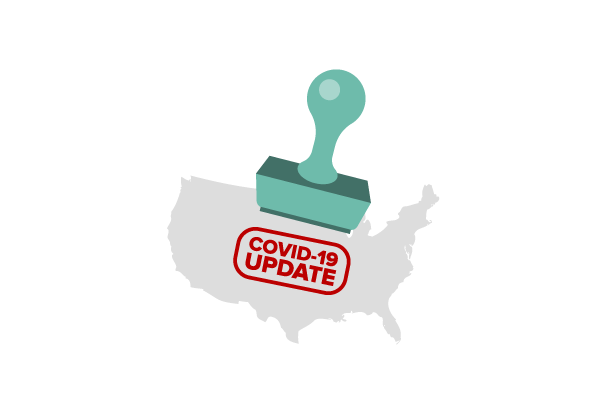 A large stamp leaves the words "COVID-19 Update" on a stylized map of the United States