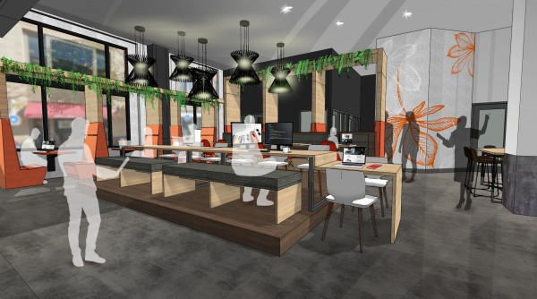 Interior rendering of the Digital Flagship Design Lab within the new Gateway COhatch space.