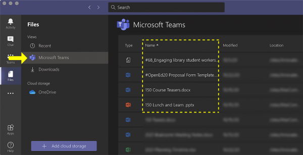 Annotated screenshot of Teams app view of Teams file listing sorted by file name