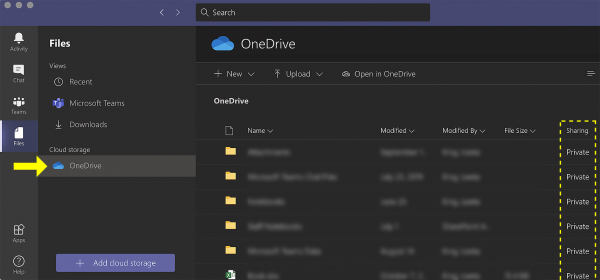 Annotated screenshot of Teams desktop app view of shared and private OneDrive files