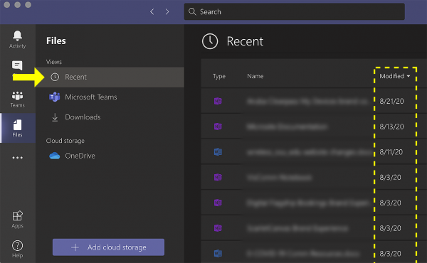 Annotated screenshot of Teams desktop app view of recent files sorted by date modified