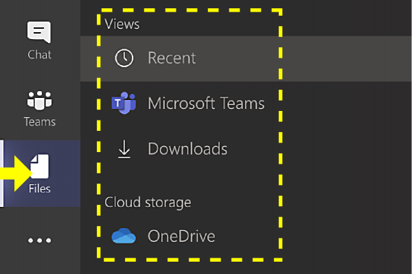 Annotated screenshot of Microsoft Teams desktop app with Files menu selected