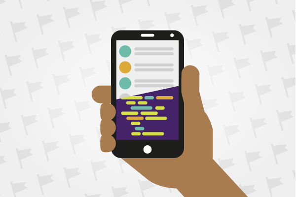 Illustration of a smartphone with half the screen showing an app and half the screen showing lines of code.