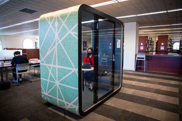 A large booth sits in the middle of Ohio State's 18th Avenue Library