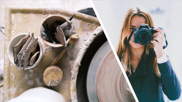 There are a variety of ceramic tools next to a potter's wheel, and a woman uses a professional camera to take a photo.