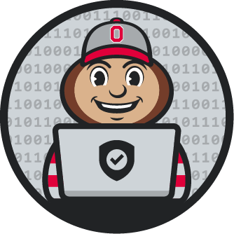 Brutus Buckeye smiling over a laptop