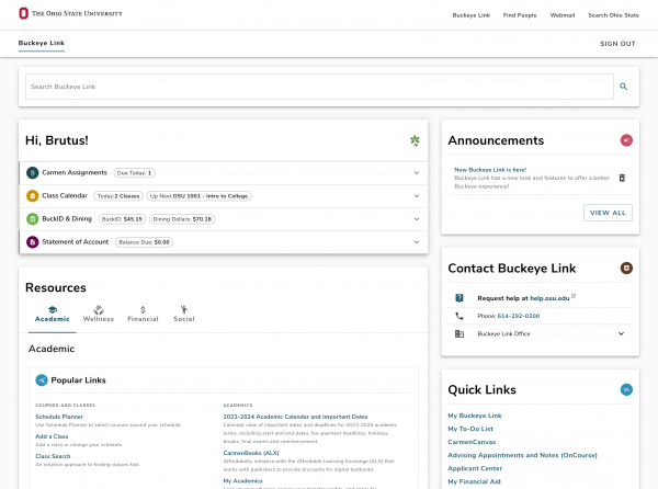 The new dashboard for Buckeye Link, showing assignments, grades and more personalized information.