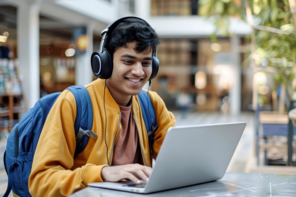 A student wearing headphones attends an online class.