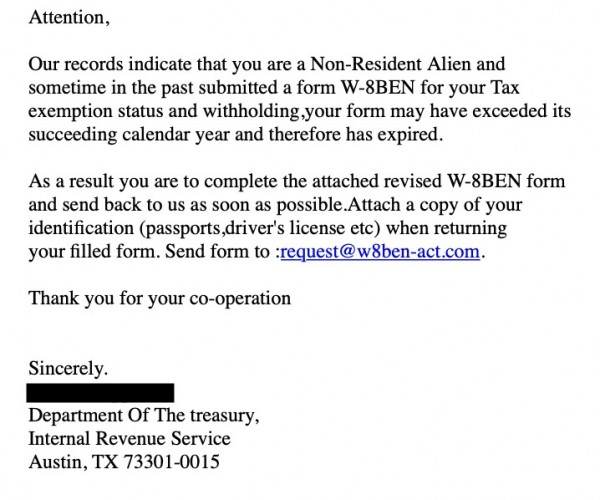 example of text used in tax scam emails