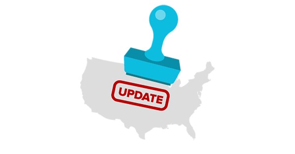 Map of United States with red word "update" stamped across