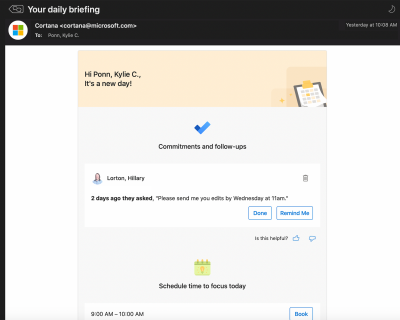 Screenshot of Briefing email sent by the Cortana Microsoft tool