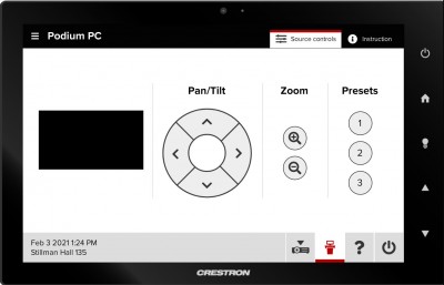 The control panel, including a rectangle on the left where a video preview will show, pan/tilt controls, zoom controls, and three presets