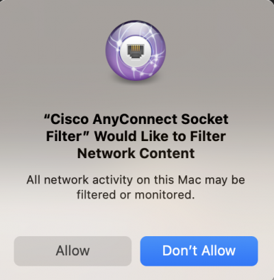 Cisco AnyConnect Socket Filter pop-up to allow network content filter